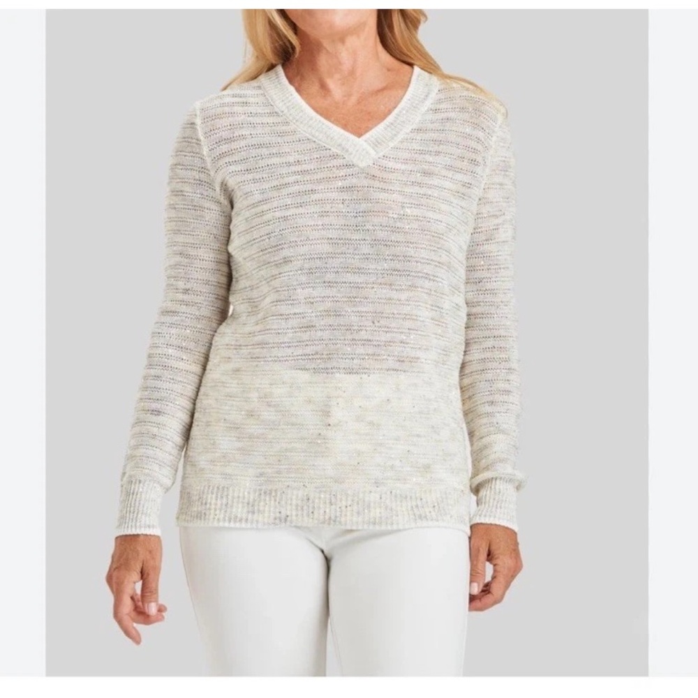 5/25 Peace Of Cloth V-Neck Pullover Knit Sweater Women Size S Off White Sparkle